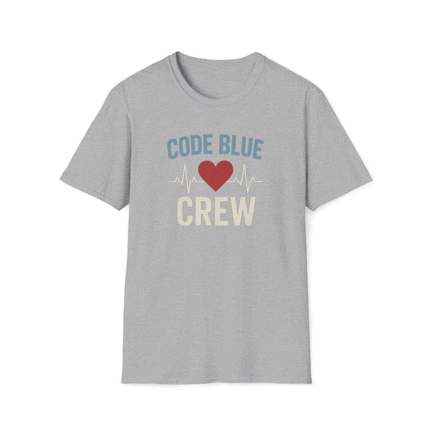A heather gray short-sleeve crewneck t-shirt featuring a retro-style graphic on the chest that reads 'CODE BLUE' in blue, a red heart, a white heartbeat line, and 'CREW' in cream.