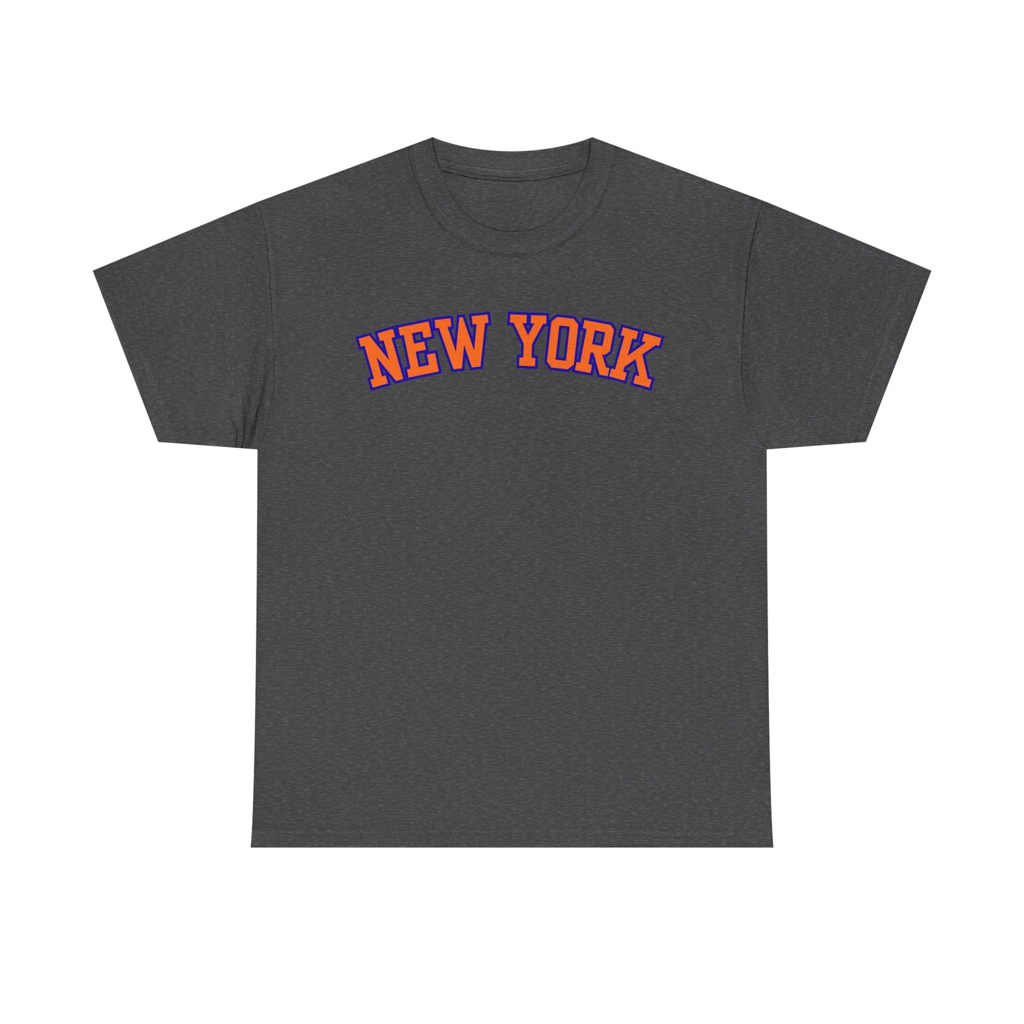 A dark gray heather t-shirt with 'NEW YORK' printed in an arched orange and red collegiate font across the chest, displayed on a solid white background.
