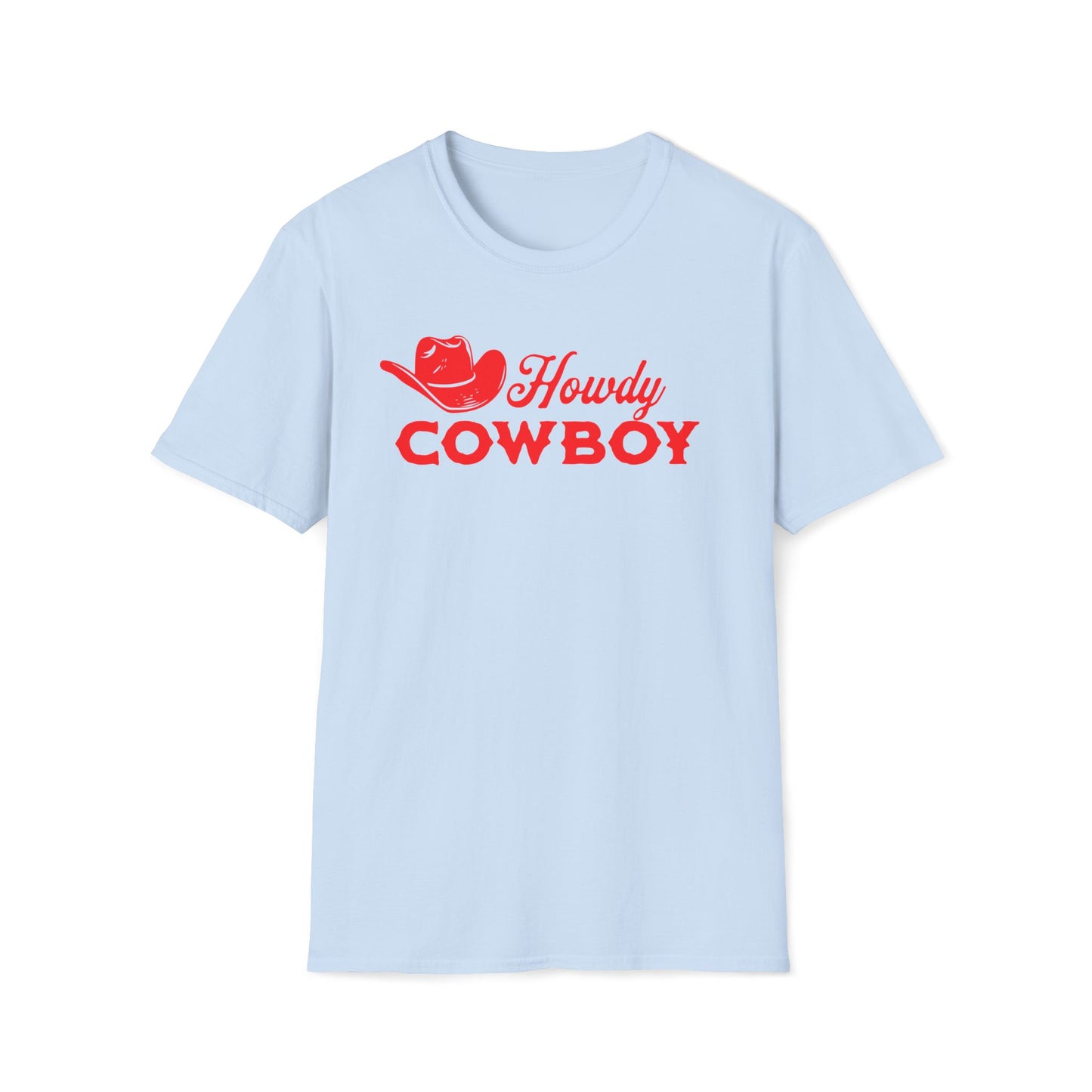 A light blue short-sleeve crewneck t-shirt with a red graphic on the chest featuring a cowboy hat and the text 'Howdy COWBOY'.