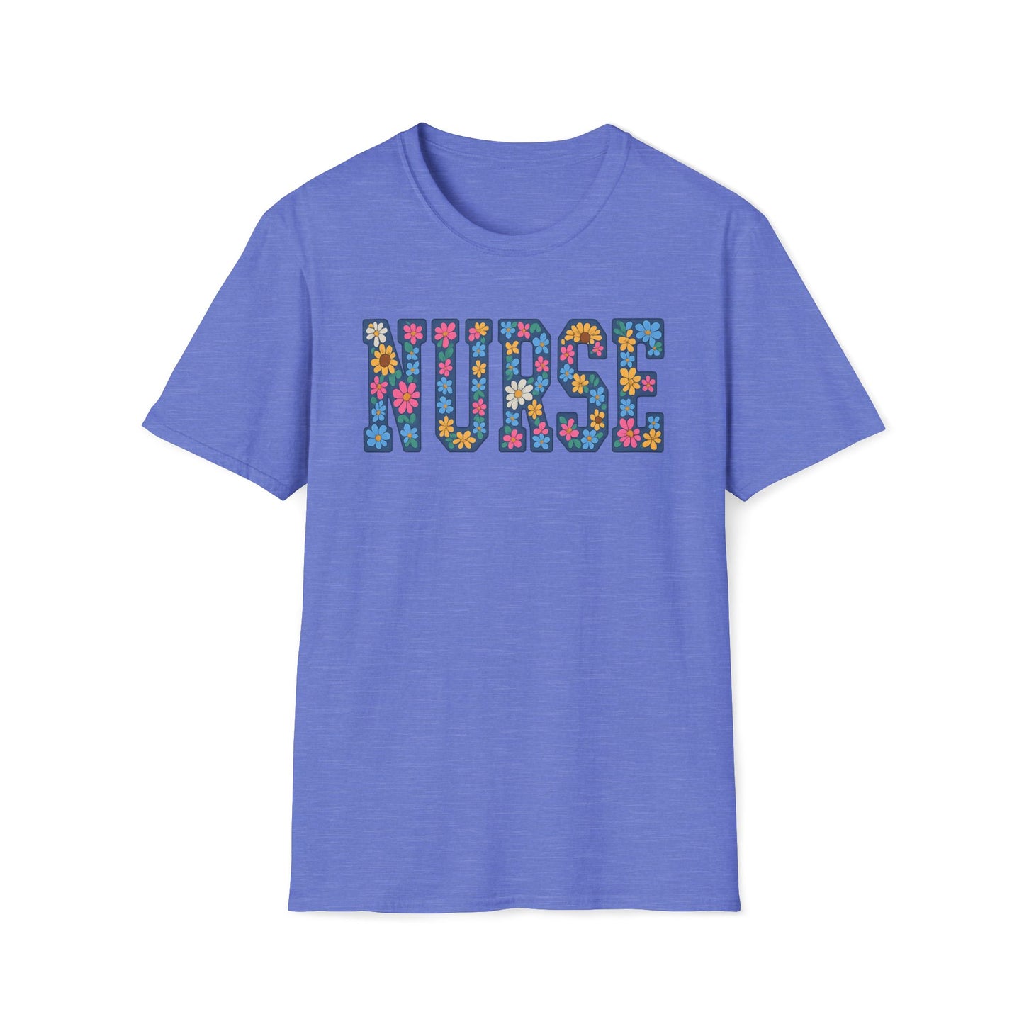 A heathered periwinkle blue short-sleeve t-shirt with the word 'NURSE' printed across the chest in a colorful floral pattern, shown on a plain white background.