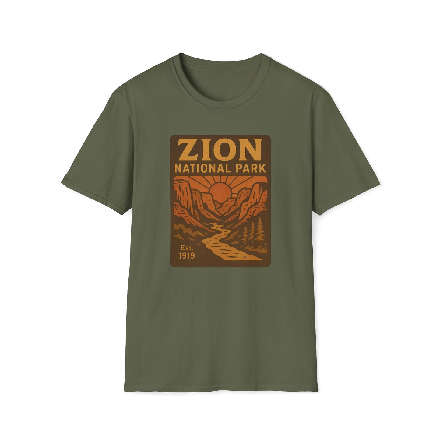An olive green short-sleeve crewneck t-shirt featuring a retro-style brown and orange graphic print of Zion National Park on the chest.
