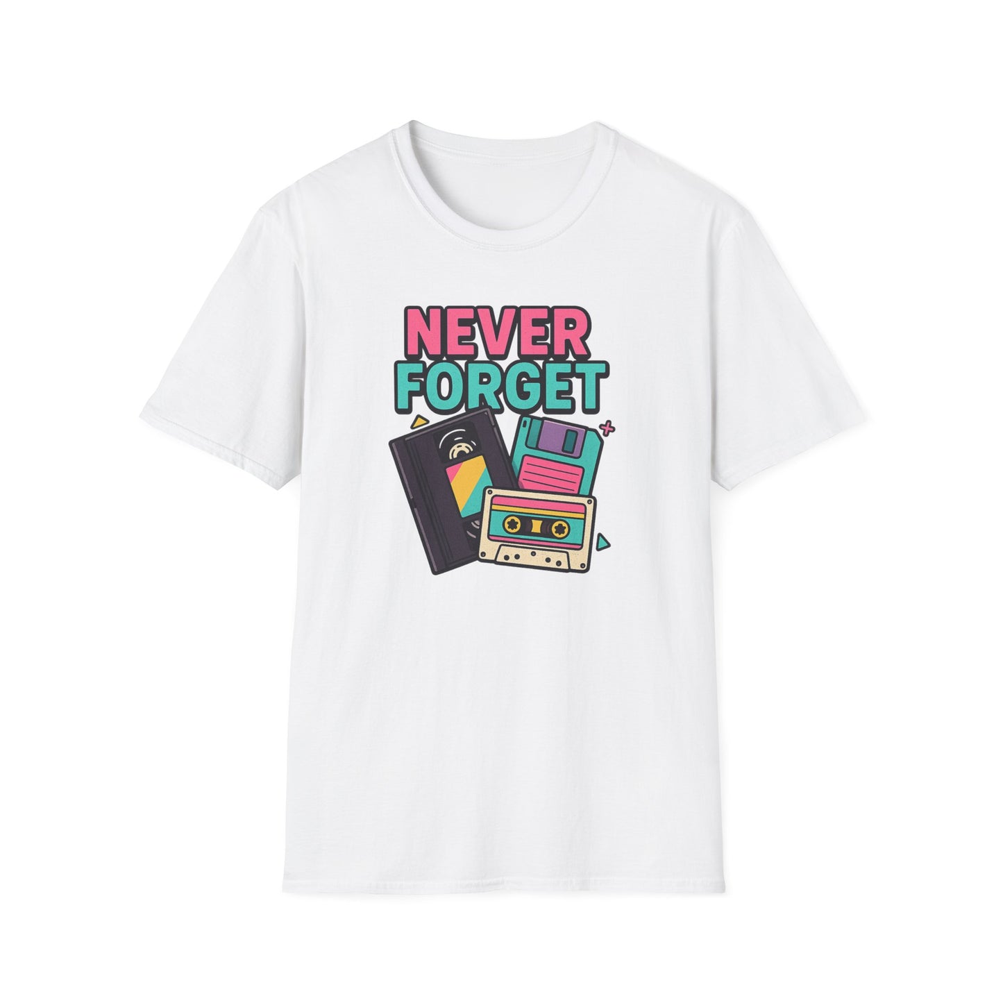 Vintage Tech 'Never Forget' T-Shirt — Retro Cassette, Floppy & Tape Design