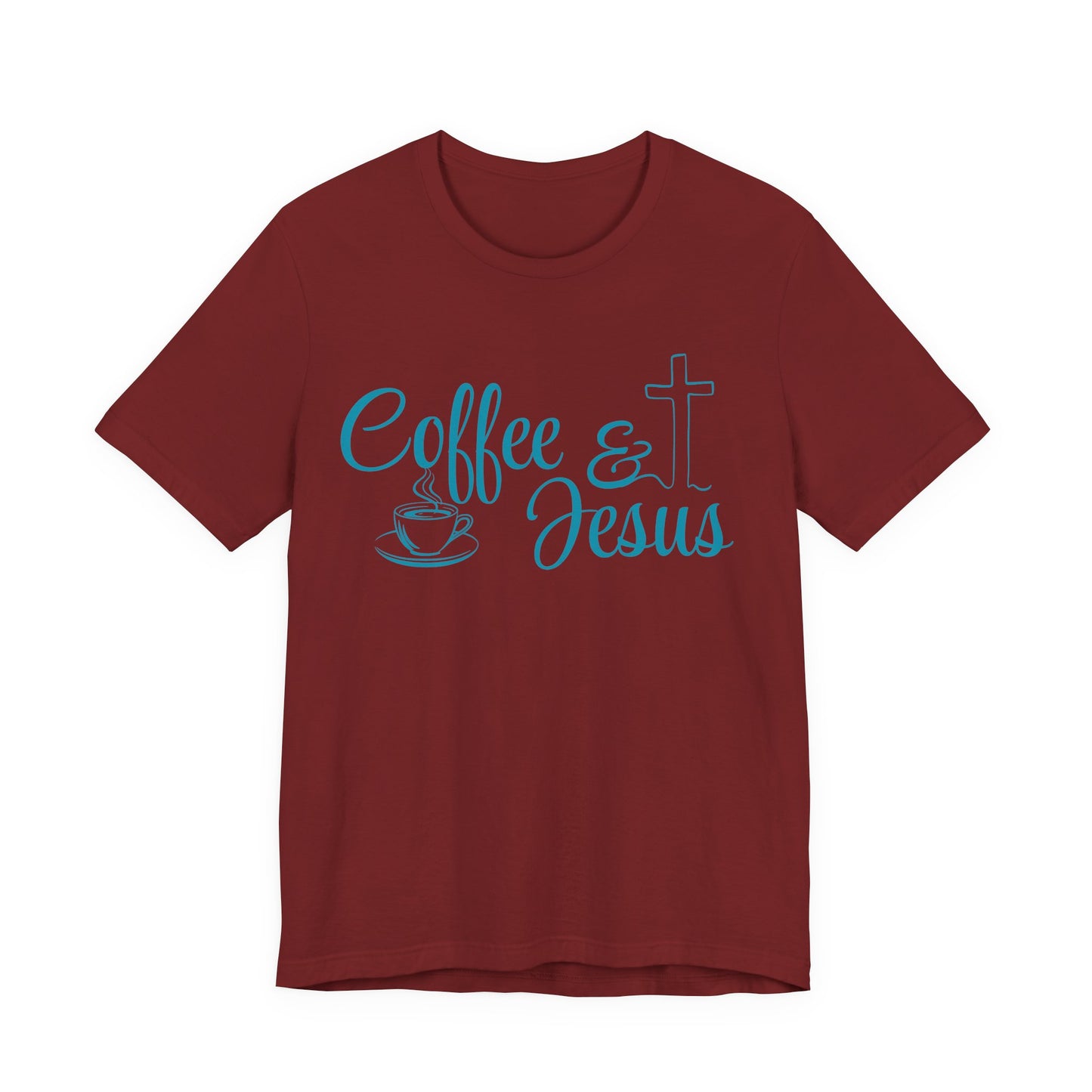 A short-sleeve crewneck t-shirt in maroon red, featuring a light blue graphic on the chest that reads 'Coffee & Jesus' alongside a coffee cup icon and a Christian cross.
