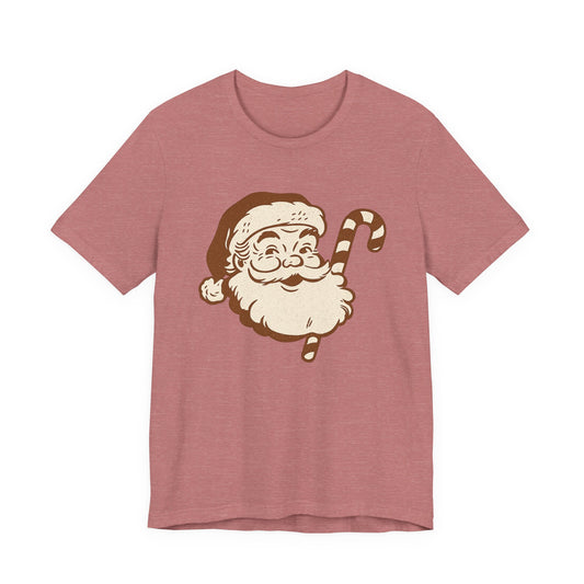 Vintage Santa Face T-Shirt — Retro Christmas Candy Cane Tee