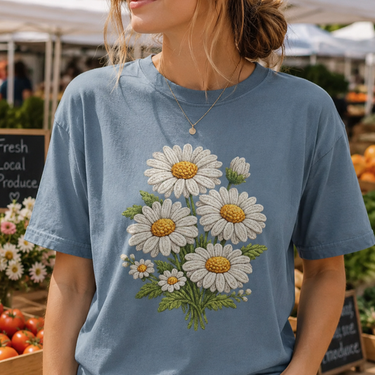 Faux Embroidered Daisy Shirt - Crochet Style Floral Tee - Comfort Colors