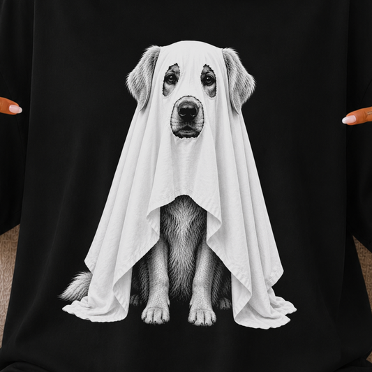 A person wearing an oversized black T-shirt with a graphic of a white dog draped in a sheet, sitting on a beige couch and pointing at the shirt with both hands. The person has beige headphones around their neck.
