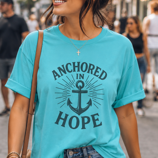 A woman wearing a turquoise graphic t-shirt with a dark navy anchor design and the words 'ANCHORED IN HOPE'. The background is a blurred outdoor street scene.