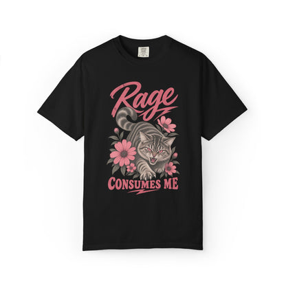 A black short-sleeve t-shirt with a graphic print of a cat surrounded by pink flowers and the text 'Rage CONSUMES ME' in pink and gray, displayed on a clean white background.