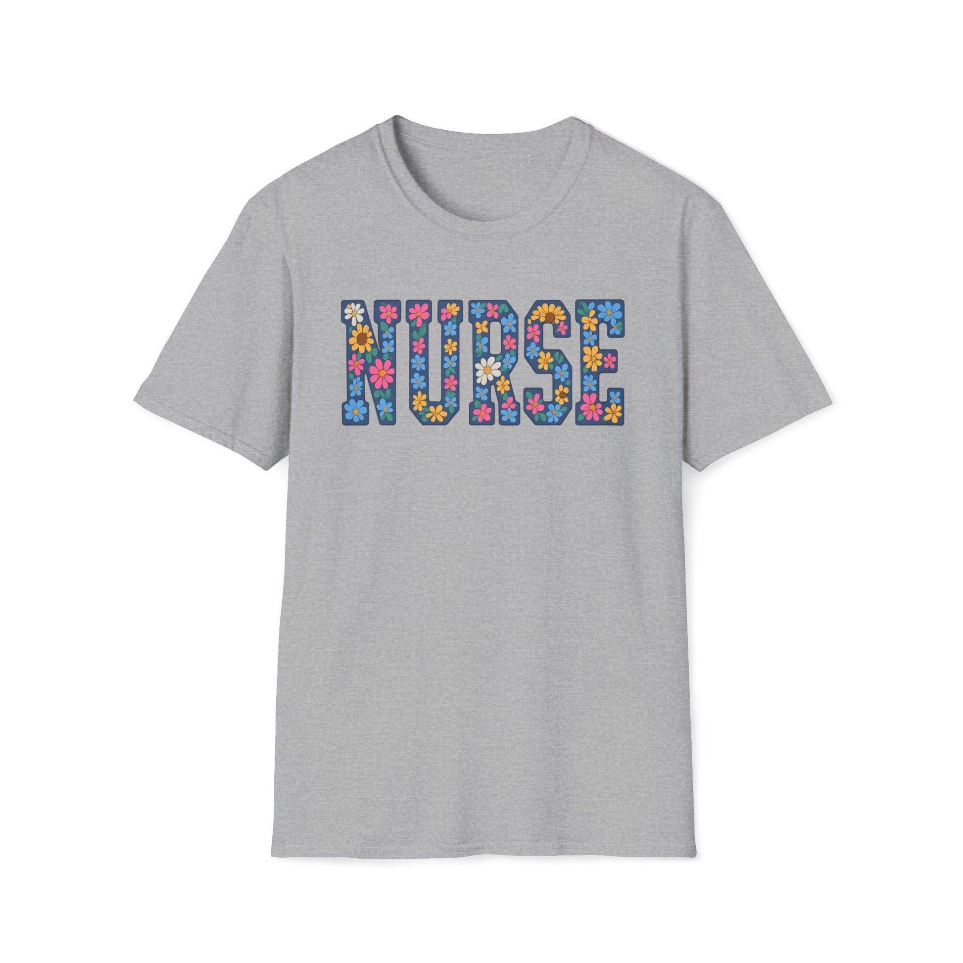 A light gray heather crewneck t-shirt featuring the word 'NURSE' printed across the chest in a colorful floral patterned font, shown against a plain white background.