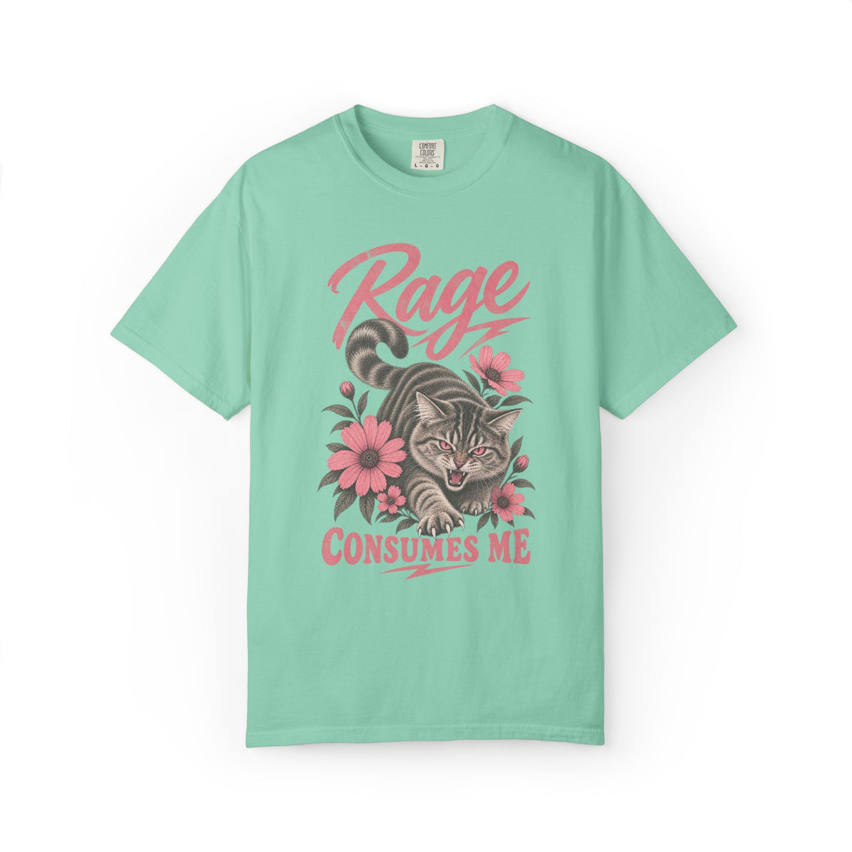 oversized light green graphic t-shirt with a cat illustration and the text 'Rage Consumes Me'.