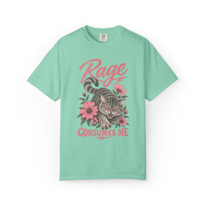 oversized light green graphic t-shirt with a cat illustration and the text 'Rage Consumes Me'.