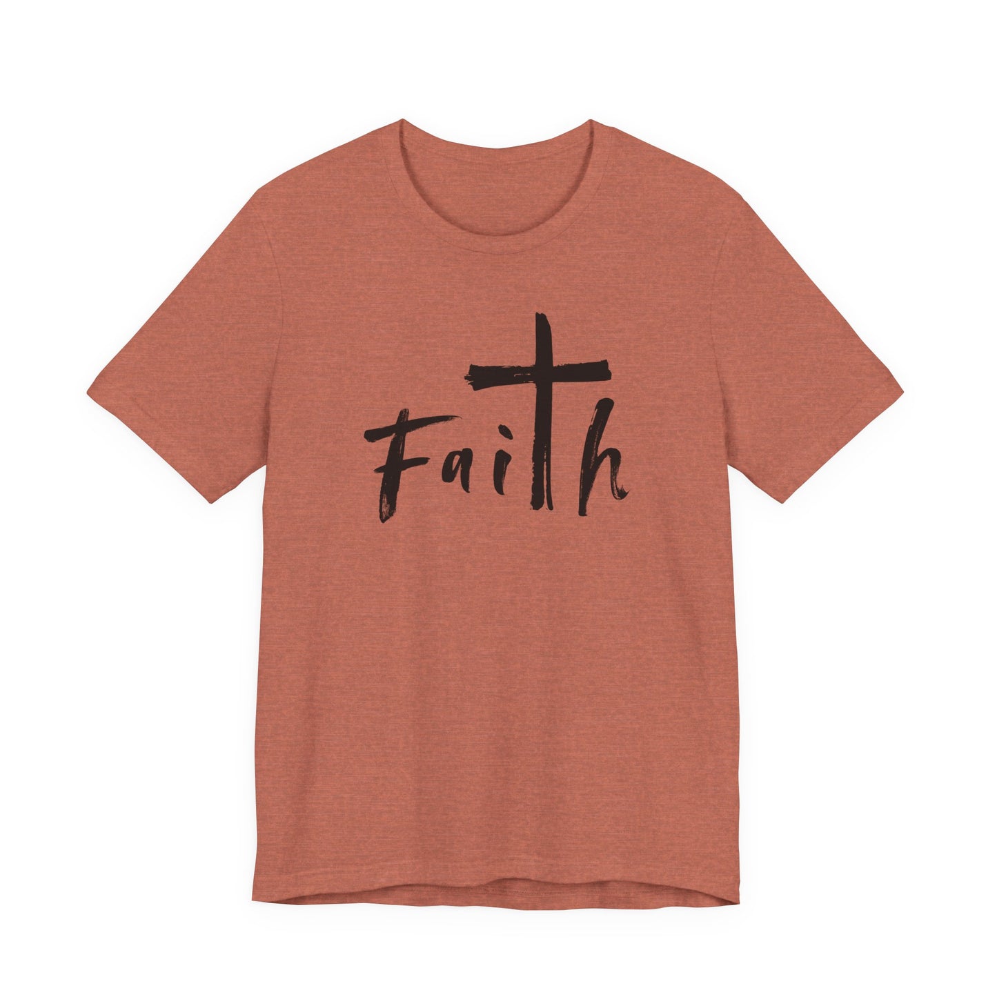 A heathered terracotta short-sleeve t-shirt with a black graphic on the chest featuring a cross and the word 'Faith' in a handwritten font, displayed on a solid white background.