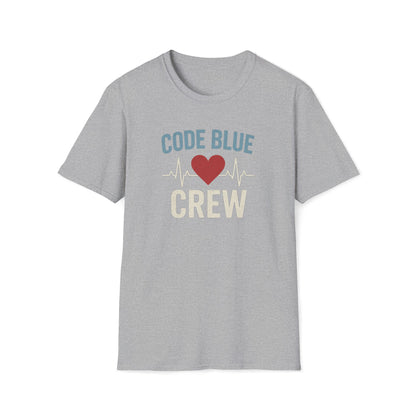 A heather gray short-sleeve crewneck t-shirt featuring a retro-style graphic on the chest that reads 'CODE BLUE' in blue, a red heart, a white heartbeat line, and 'CREW' in cream.