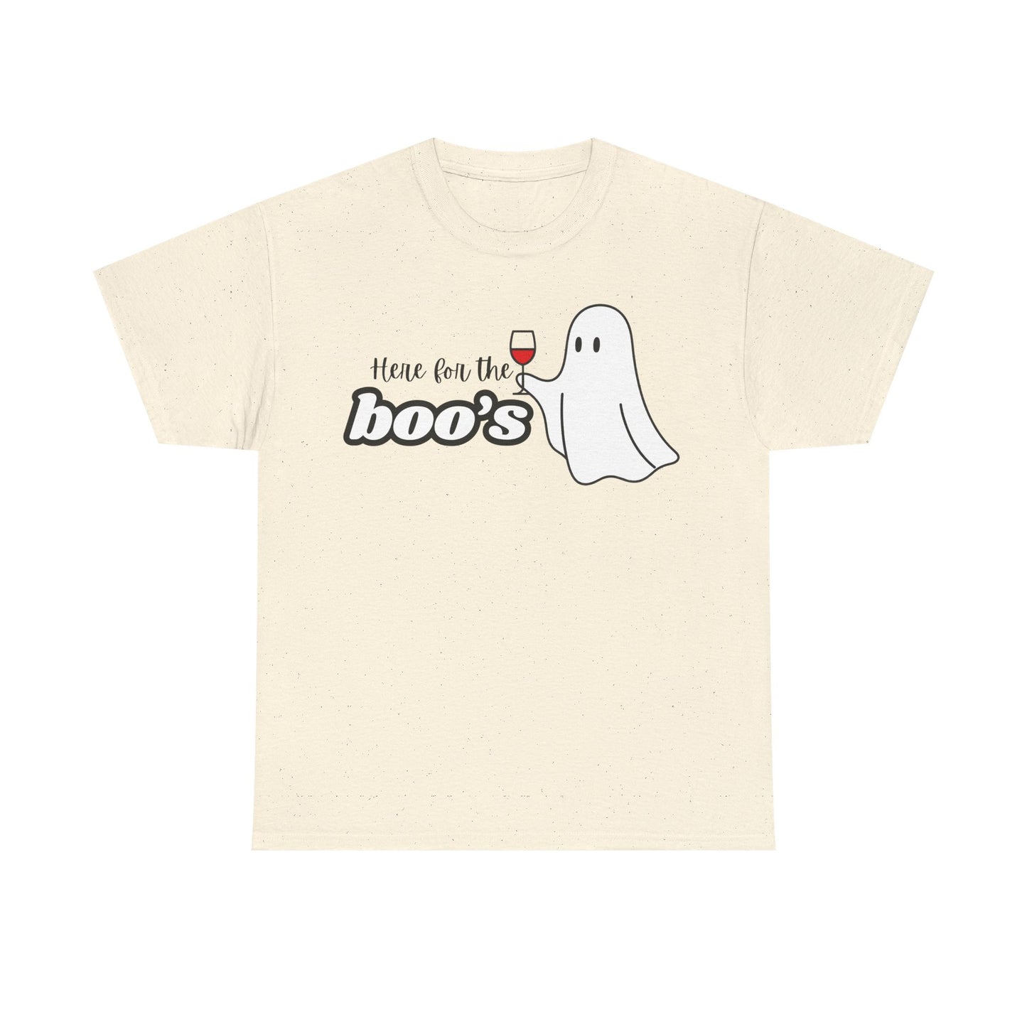 An off-white short-sleeve t-shirt with a graphic on the chest that reads 'Here for the boo's' next to a cartoon ghost holding a glass of red wine, shown against a plain white background.