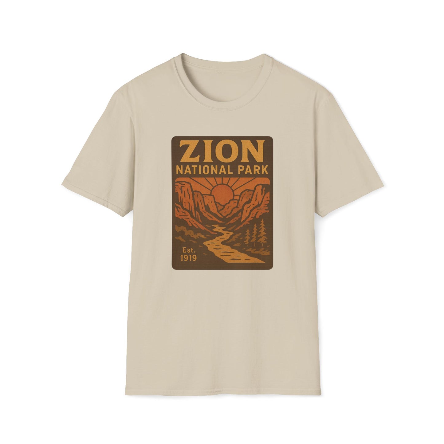 A beige crewneck t-shirt featuring a retro-style graphic print of Zion National Park on the chest, displayed against a solid white background.