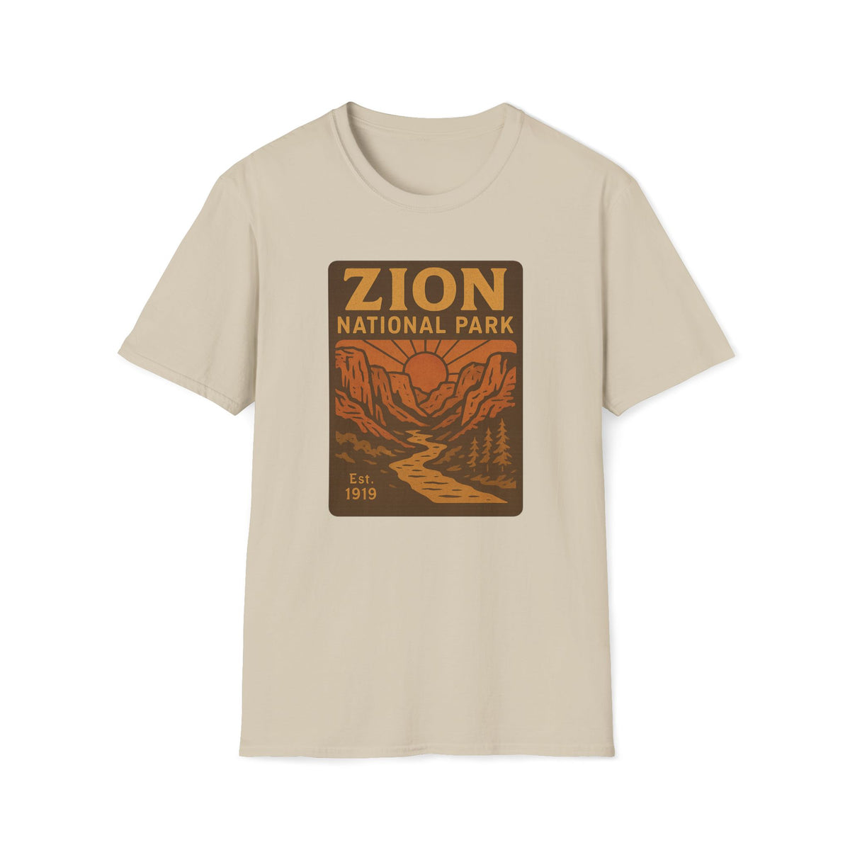 A beige crewneck t-shirt featuring a retro-style graphic print of Zion National Park on the chest, displayed against a solid white background.