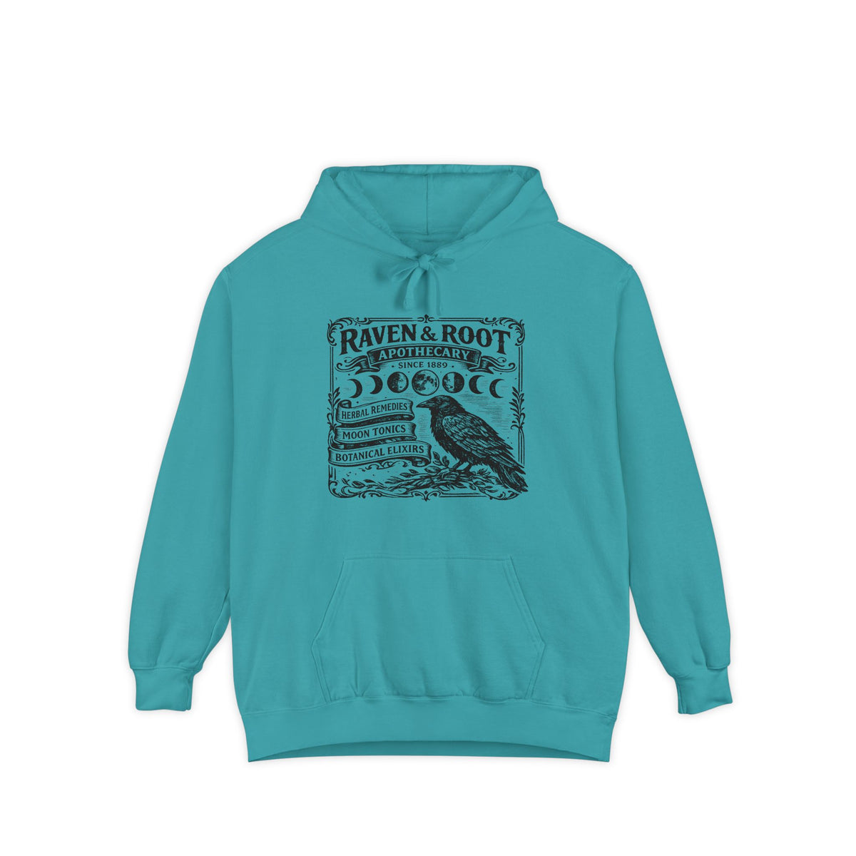 A turquoise blue pullover hoodie with a black graphic print of cherry blossom branches and a small half-moon silhouette on the front, displayed against a solid white background.