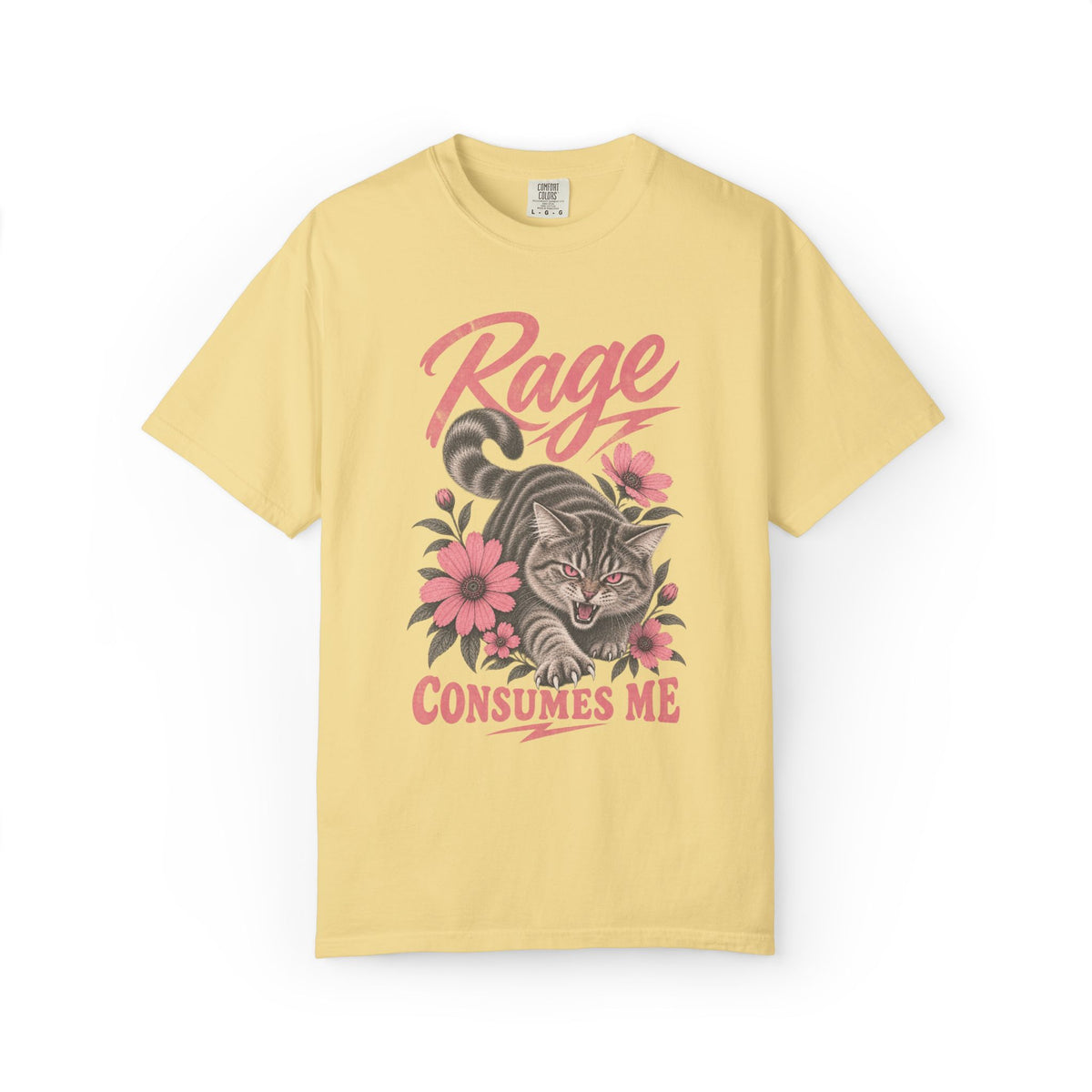 oversized butter graphic t-shirt with a cat illustration and the text 'Rage Consumes Me'.