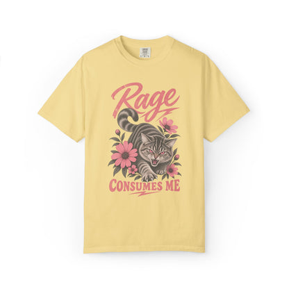 oversized butter graphic t-shirt with a cat illustration and the text 'Rage Consumes Me'.
