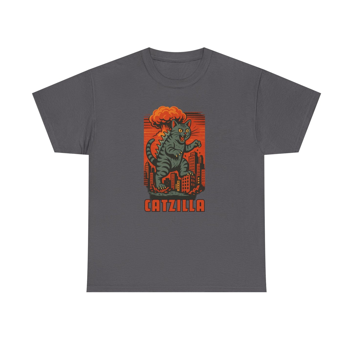 A dark gray crewneck t-shirt featuring a retro-style graphic of a green cat monster with orange hair standing in front of a red-orange striped city skyline, with the word 'CATZILLA' printed below.