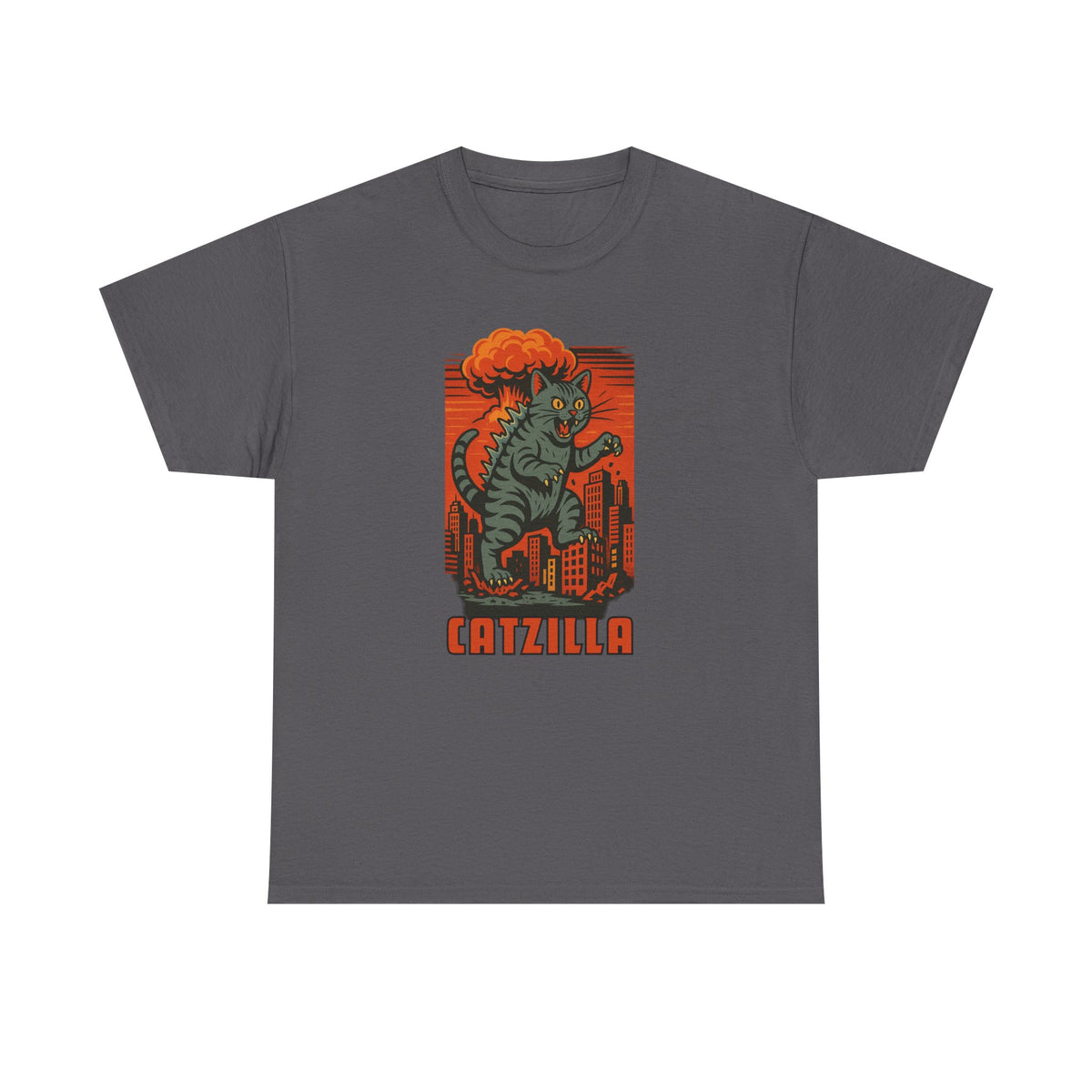 A dark gray crewneck t-shirt featuring a retro-style graphic of a green cat monster with orange hair standing in front of a red-orange striped city skyline, with the word 'CATZILLA' printed below.