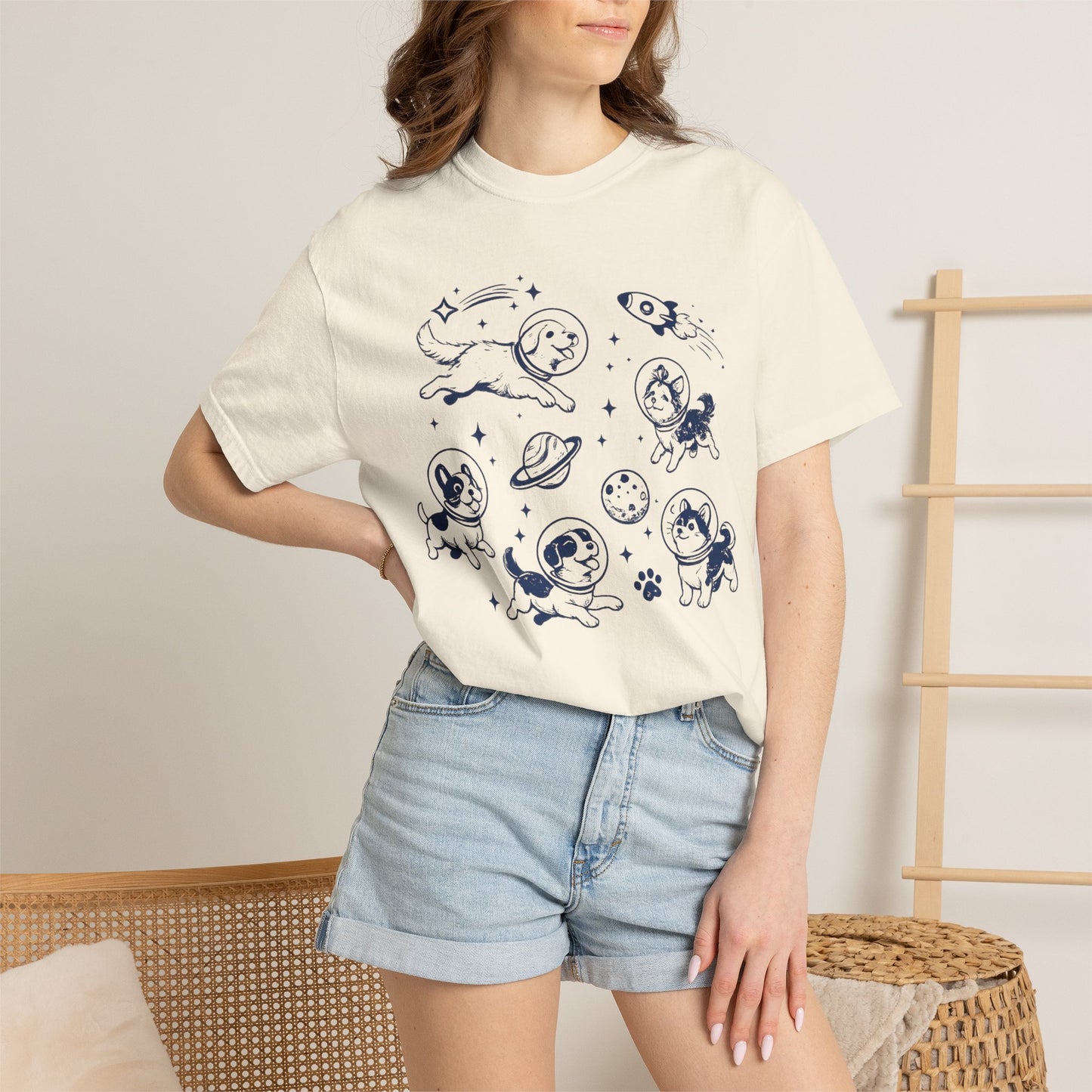 Dogs in Space Illustration T-shirt | Cute Astronaut Puppies, Planets & Rocket
