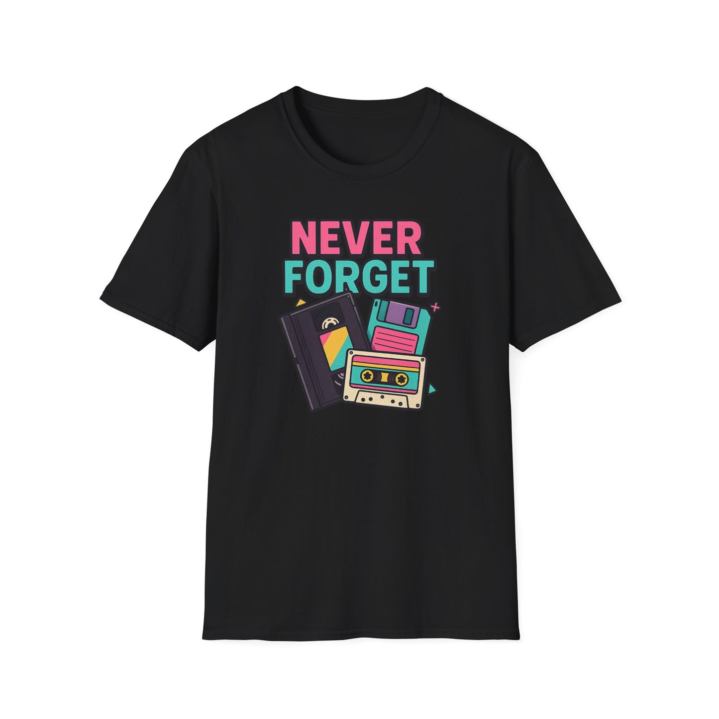 Vintage Tech 'Never Forget' T-Shirt — Retro Cassette, Floppy & Tape Design