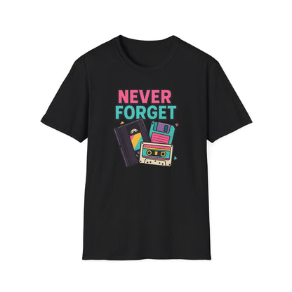 Vintage Tech 'Never Forget' T-Shirt — Retro Cassette, Floppy & Tape Design