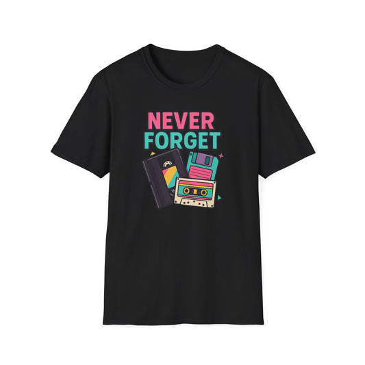 Vintage Tech 'Never Forget' T-Shirt — Retro Cassette, Floppy & Tape Design