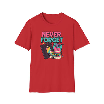Vintage Tech 'Never Forget' T-Shirt — Retro Cassette, Floppy & Tape Design