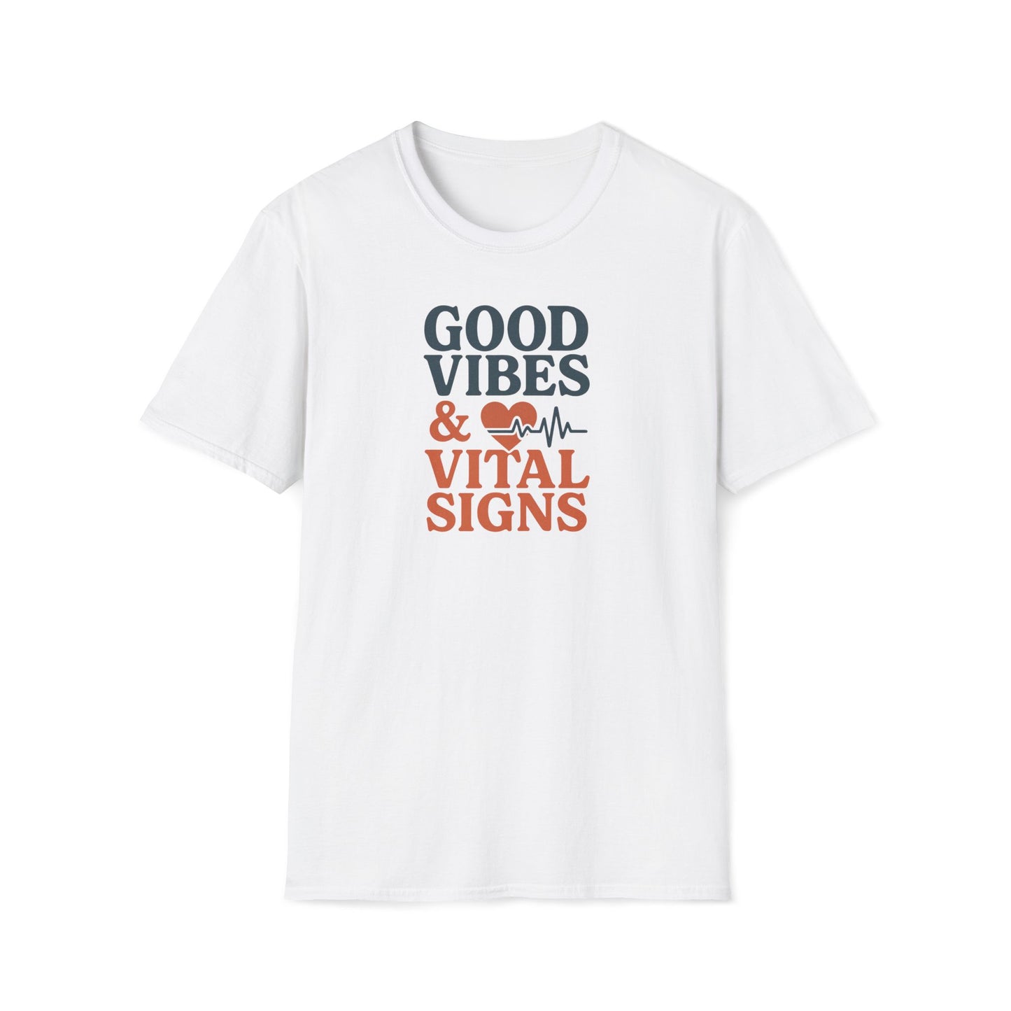 A white short-sleeve crewneck t-shirt with a graphic on the chest that reads 'GOOD VIBES & VITAL SIGNS' in dark gray and orange-red text, accompanied by a heart and heartbeat line icon.
