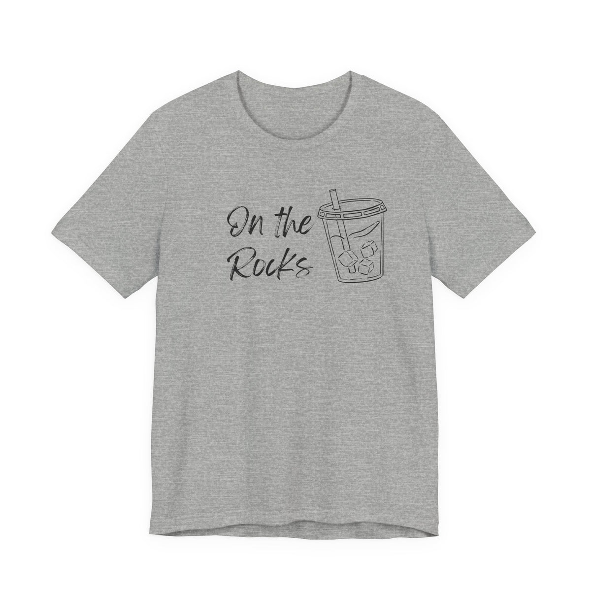 A heather gray short-sleeve t-shirt with a black graphic print on the front that reads 'On the Rocks' next to a simple line drawing of a iced coffee cup, shown against a plain white background.