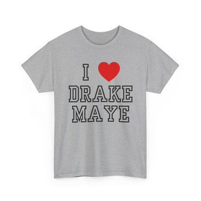 A heather gray short-sleeve t-shirt with a graphic print reading 'I' followed by a red heart and 'DRAKE MAYE' in outlined block letters, shown on a plain white background.