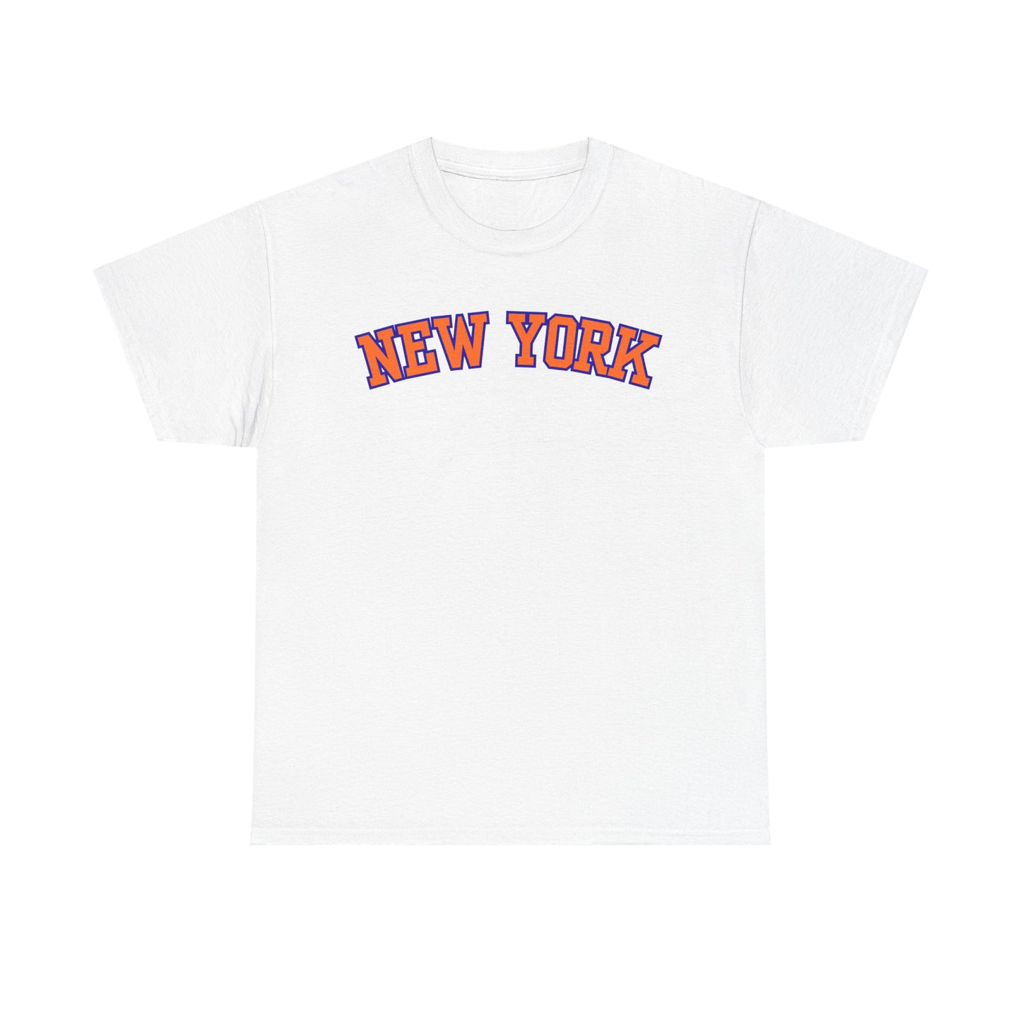 A white short-sleeve crewneck t-shirt featuring the words 'NEW YORK' printed across the chest in an arched varsity-style font with a red outline and blue shadow.