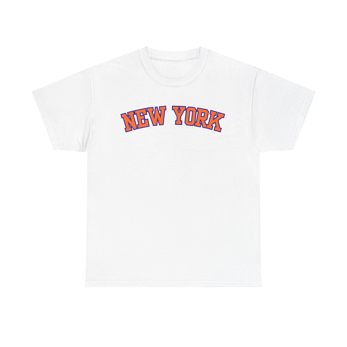 A white short-sleeve crewneck t-shirt featuring the words 'NEW YORK' printed across the chest in an arched varsity-style font with a red outline and blue shadow.