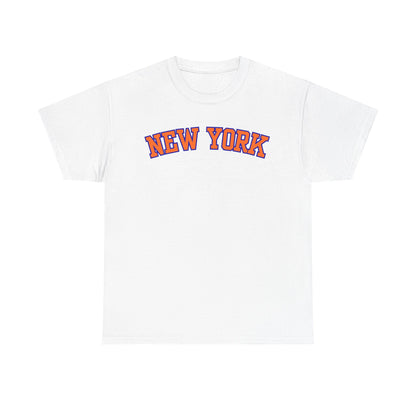 A white short-sleeve crewneck t-shirt featuring the words 'NEW YORK' printed across the chest in an arched varsity-style font with a red outline and blue shadow.