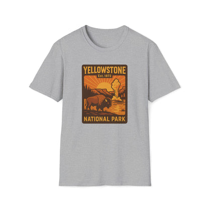 A light gray heather crewneck t-shirt featuring a retro-style Yellowstone National Park graphic on the chest, displayed against a solid white background.
