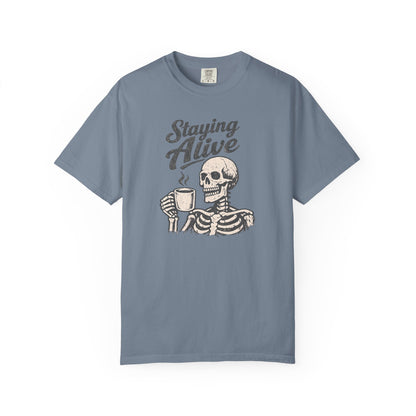 Staying Alive Skeleton Coffee T-Shirt | Skull with Mug Tee