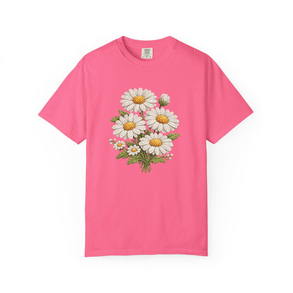 Faux Embroidered Daisy Shirt - Crochet Style Floral Tee - Comfort Colors