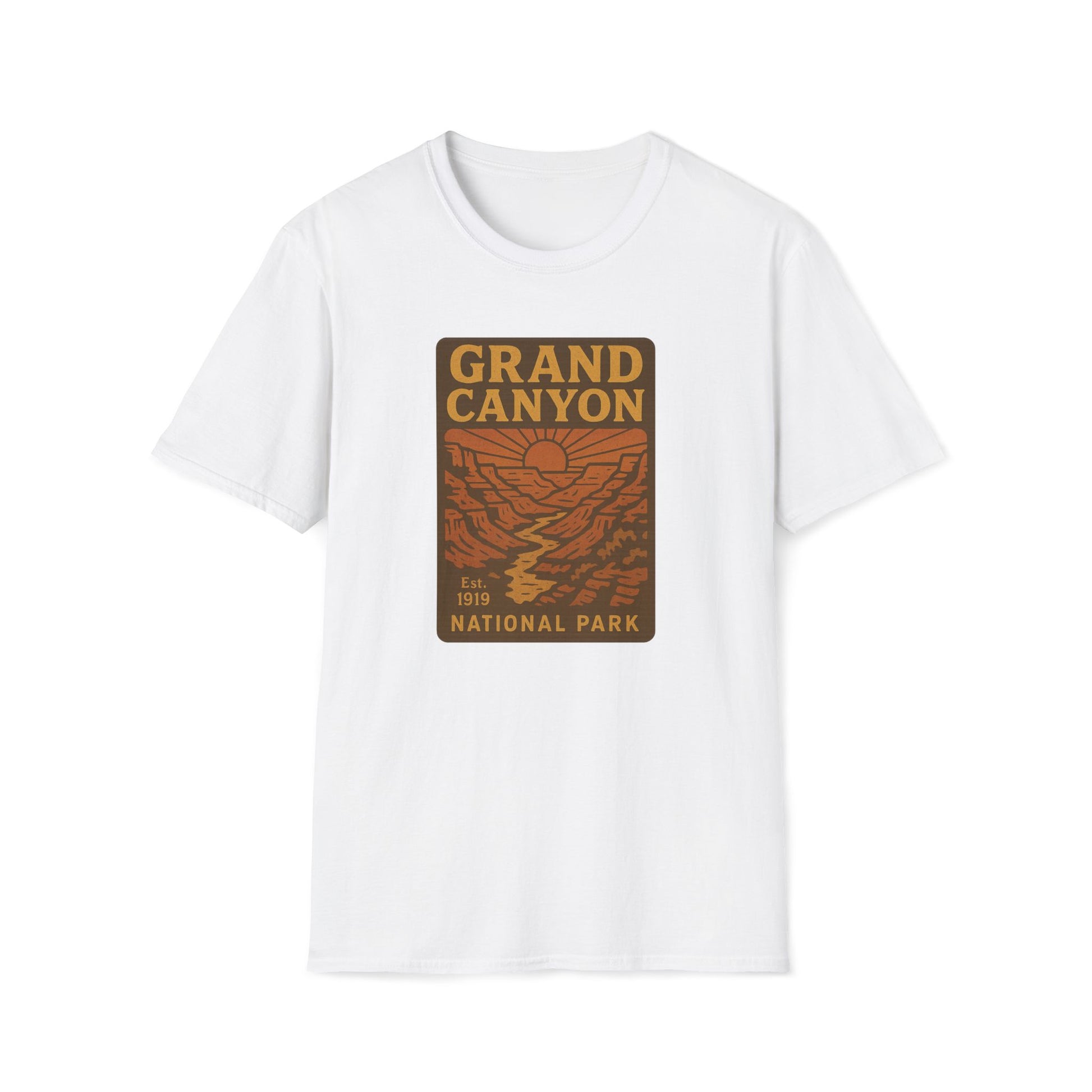 A white short-sleeve crewneck t-shirt featuring a vintage-style 'Grand Canyon National Park' graphic printed on the chest in brown and orange tones.
