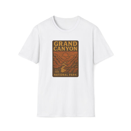 A white short-sleeve crewneck t-shirt featuring a vintage-style 'Grand Canyon National Park' graphic printed on the chest in brown and orange tones.