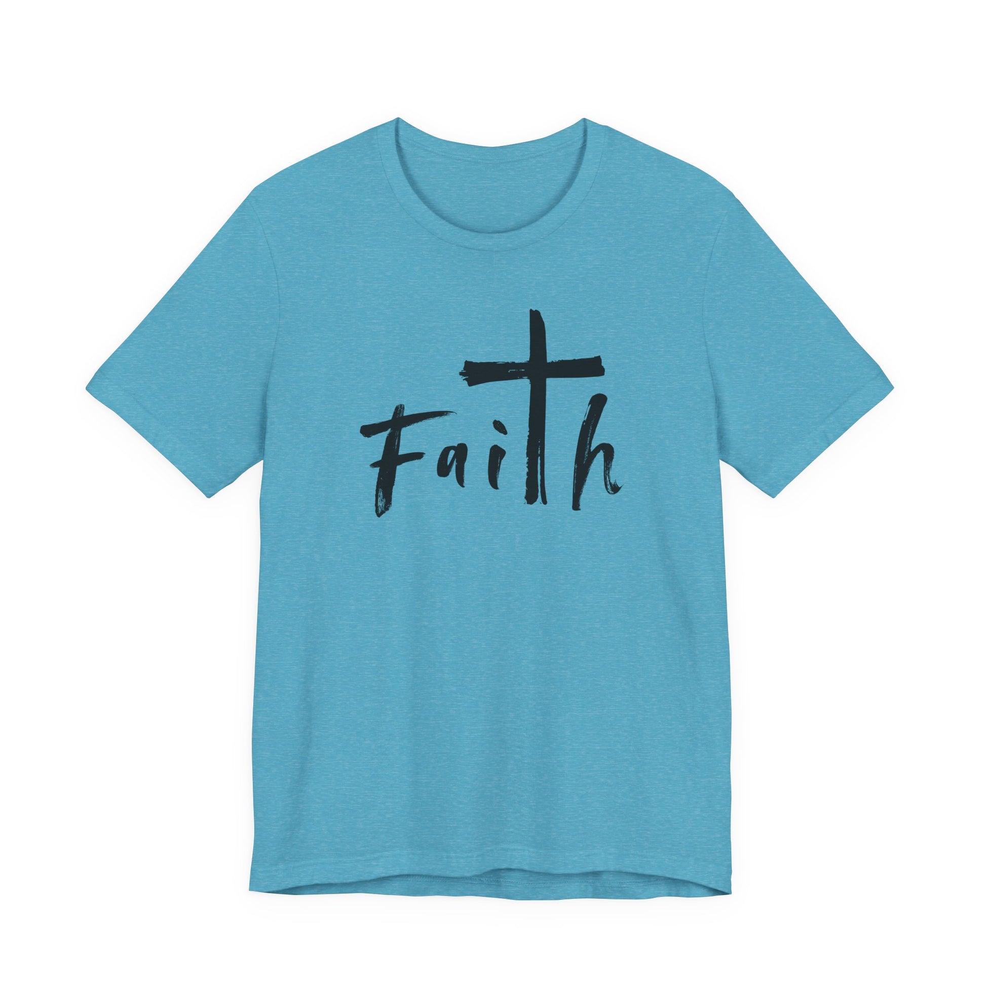 A heather blue short-sleeve t-shirt with a black graphic on the chest featuring a cross and the word 'Faith' in a handwritten font, displayed on a solid white background.