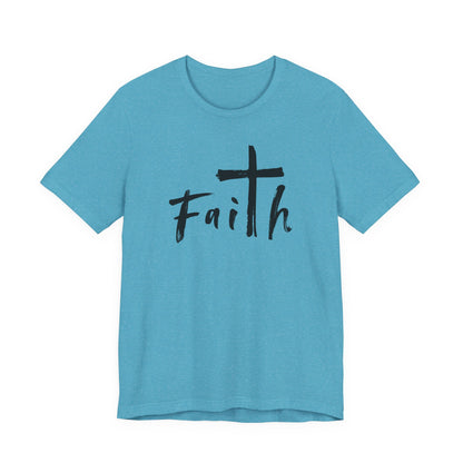 A heather blue short-sleeve t-shirt with a black graphic on the chest featuring a cross and the word 'Faith' in a handwritten font, displayed on a solid white background.