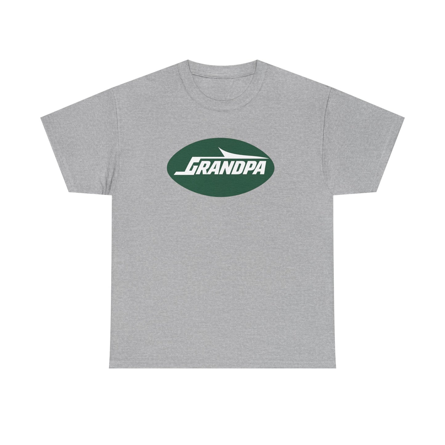 A heather gray short-sleeve crewneck t-shirt featuring a dark green oval chest graphic with the text 'GRANDPA' in white.