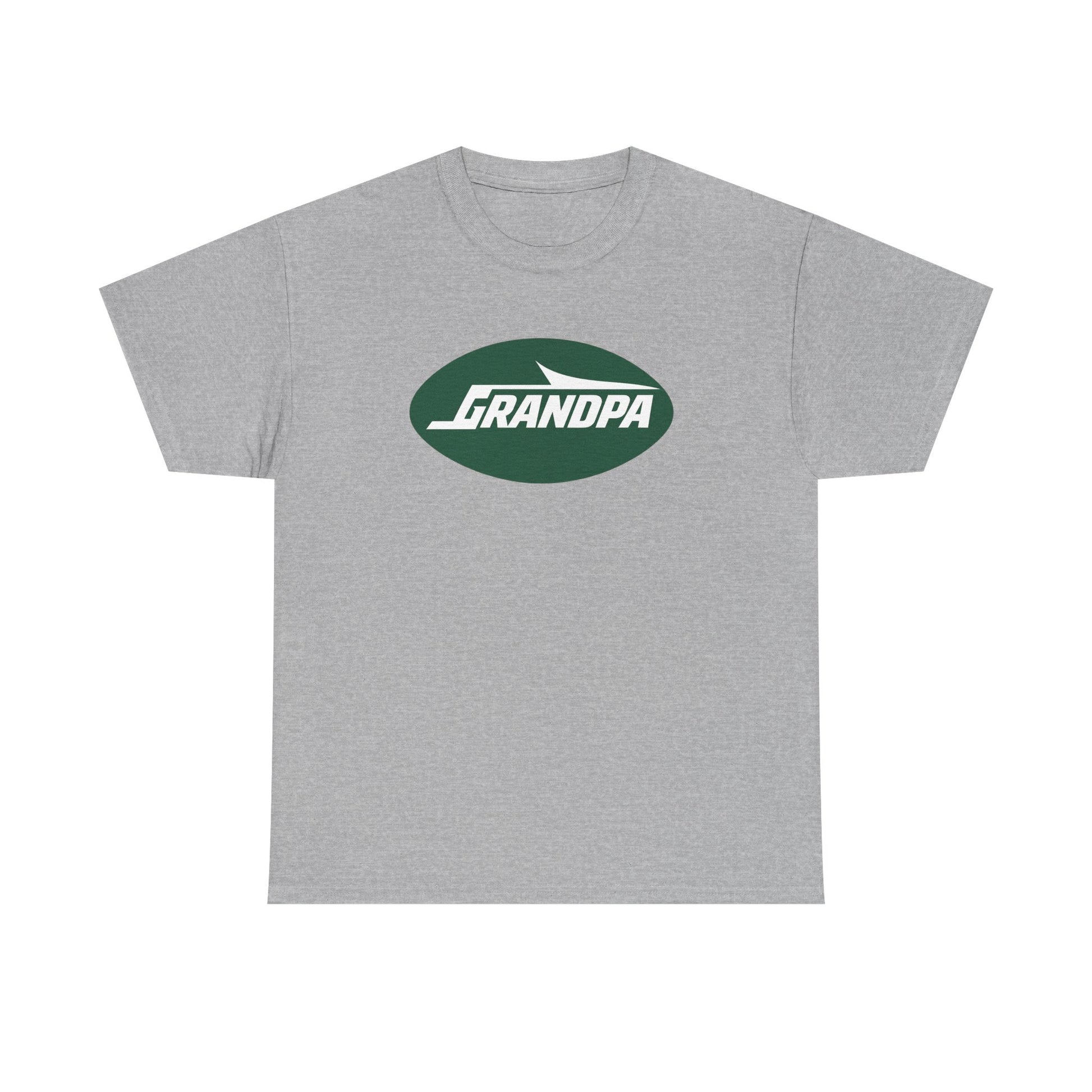 A heather gray short-sleeve crewneck t-shirt featuring a dark green oval chest graphic with the text 'GRANDPA' in white.