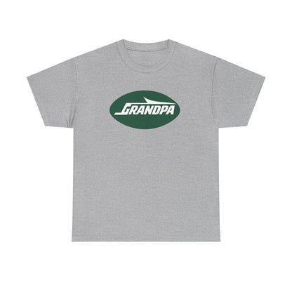 A heather gray short-sleeve crewneck t-shirt featuring a dark green oval chest graphic with the text 'GRANDPA' in white.