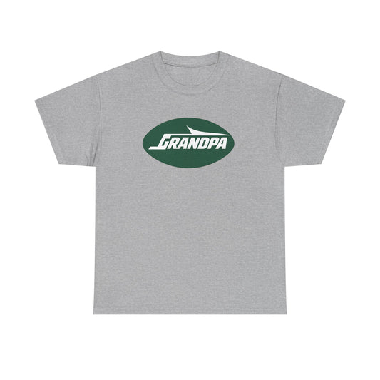 A heather gray short-sleeve crewneck t-shirt featuring a dark green oval chest graphic with the text 'GRANDPA' in white.