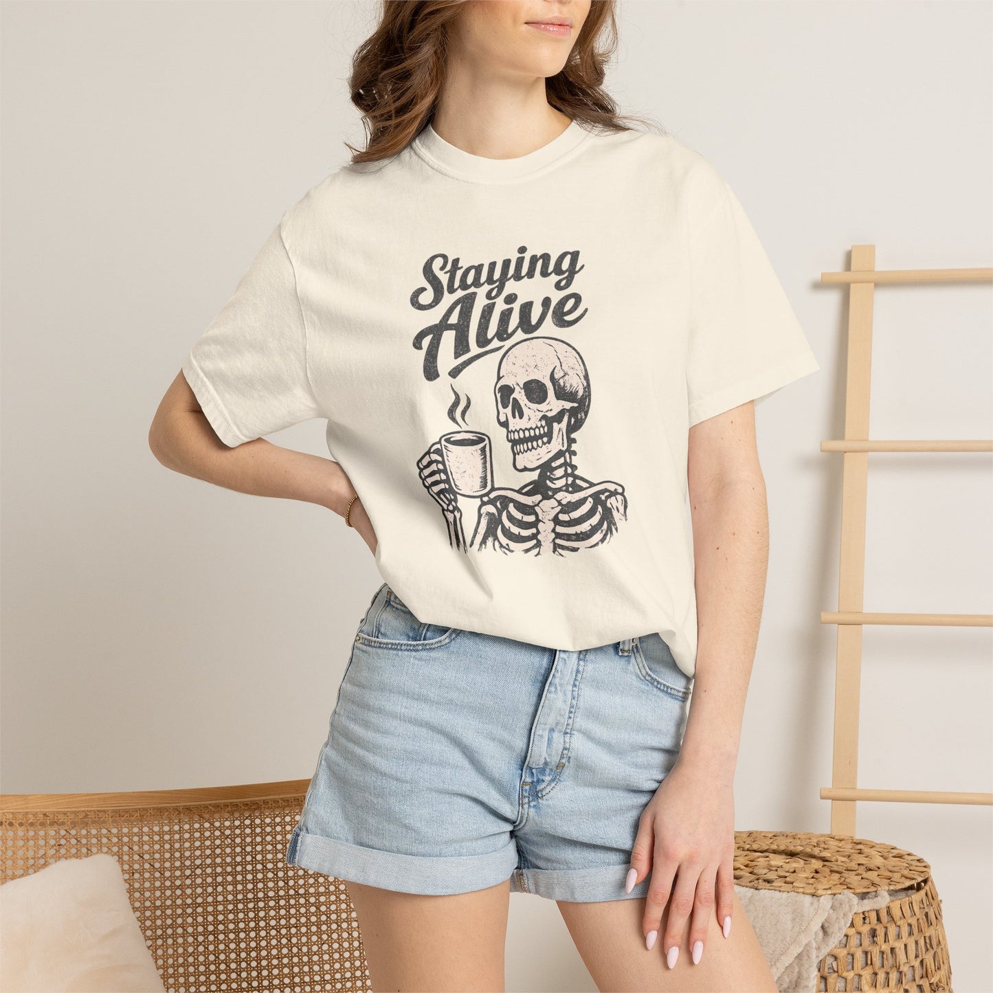 Staying Alive Skeleton Coffee T-Shirt | Skull with Mug Tee