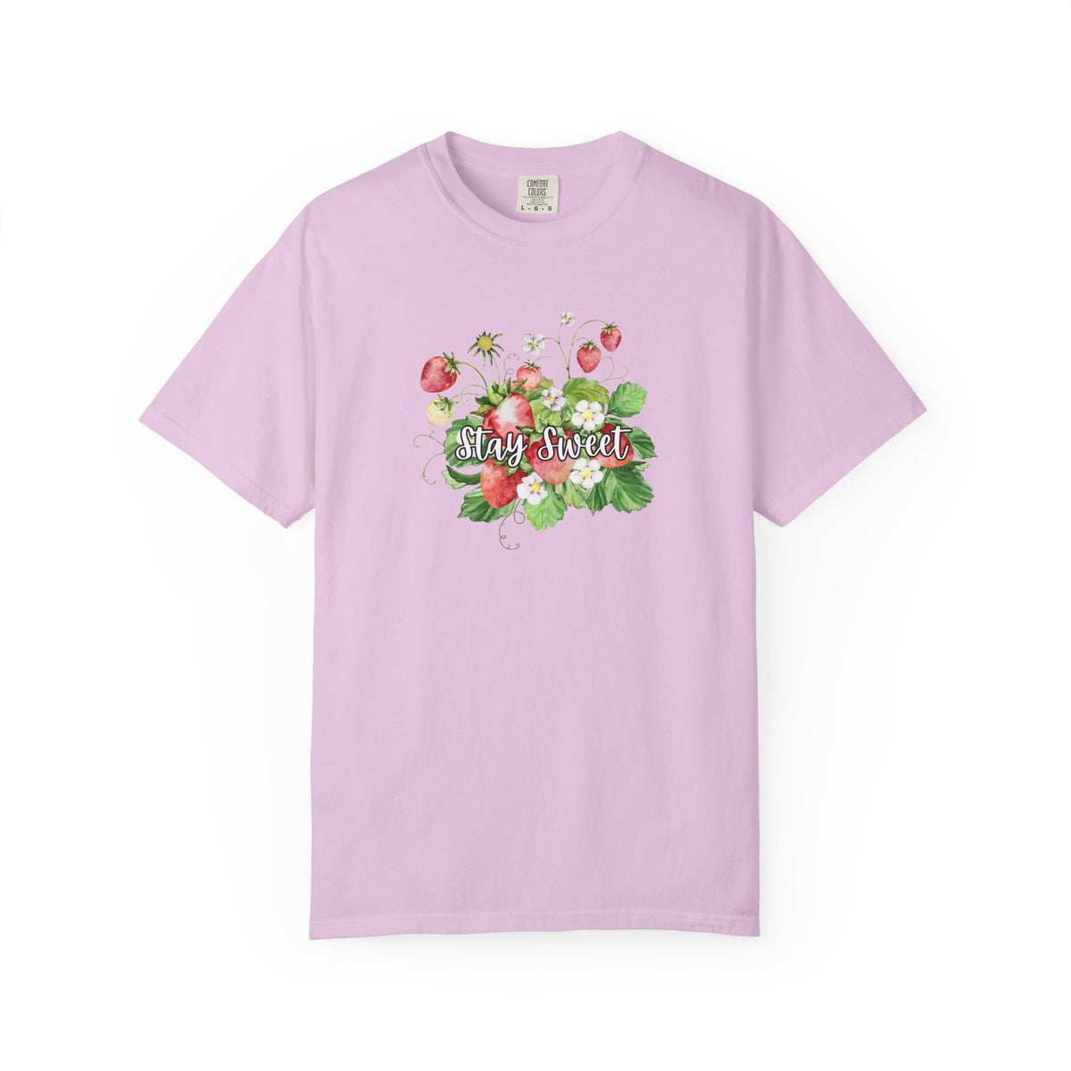 A light purple short-sleeve crewneck t-shirt featuring a colorful graphic of strawberries, green leaves, and the words 'Stay Sweet' in white script across the chest, displayed on a clean white background.