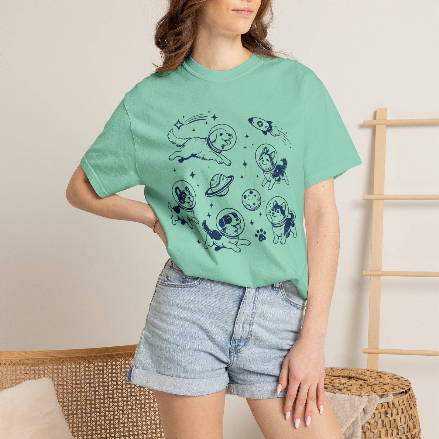 Dogs in Space Illustration T-shirt | Cute Astronaut Puppies, Planets & Rocket